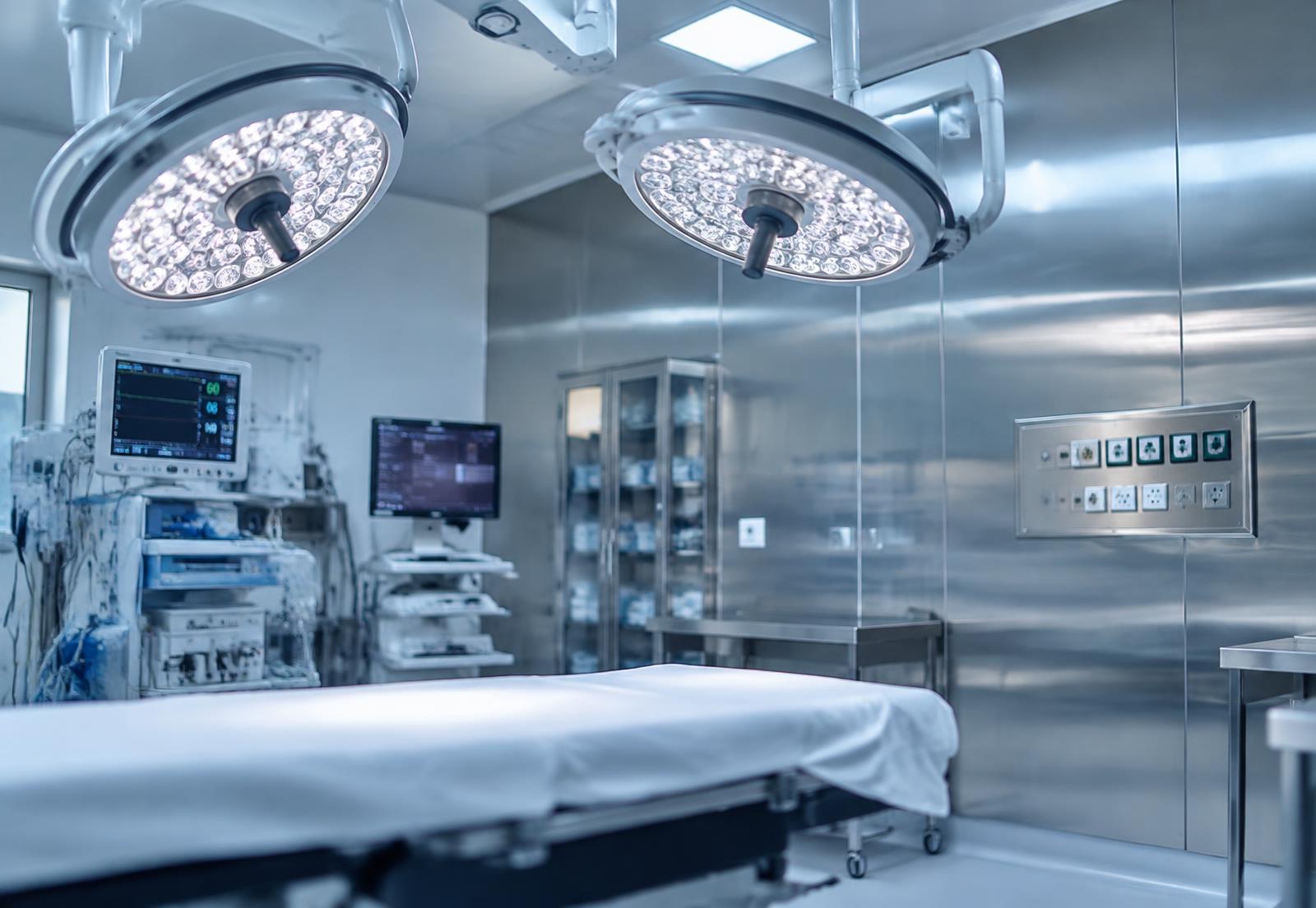 Quirófano con lámparas quirúrgicas y panel eléctrico de uso médico